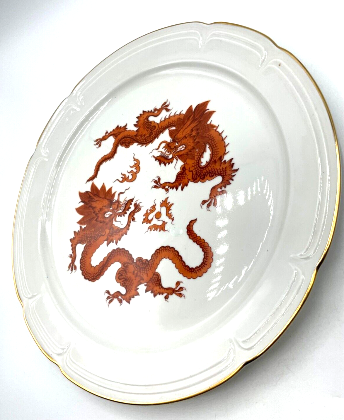 Vintage gr. PGH Porzellan Teller roter Drache handgemalt Goldrand Ø 28,5 cm2