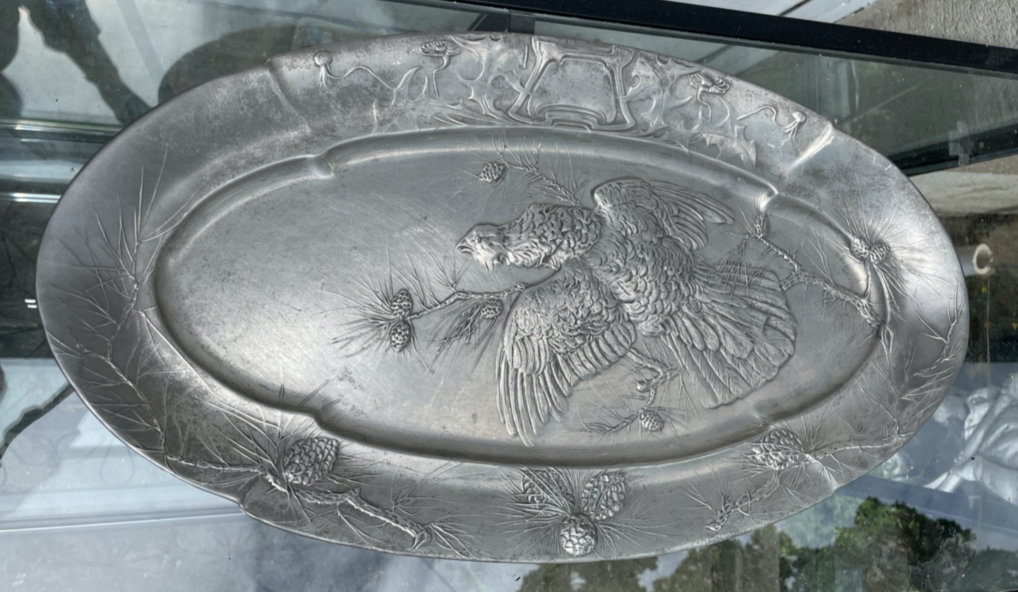Vintage große ovale Platte  Jugendstil B&G Imperial Zinn Dekor Auerhahn L 52 cm3