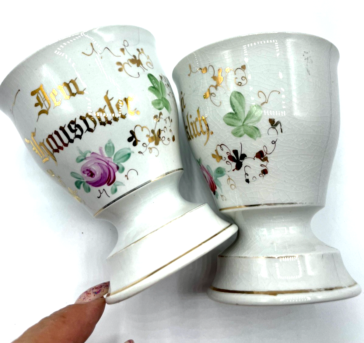 2 antik Sarreguemines Keramik Kakaobecher Andenken Becher Rosen Dekor Spruch3