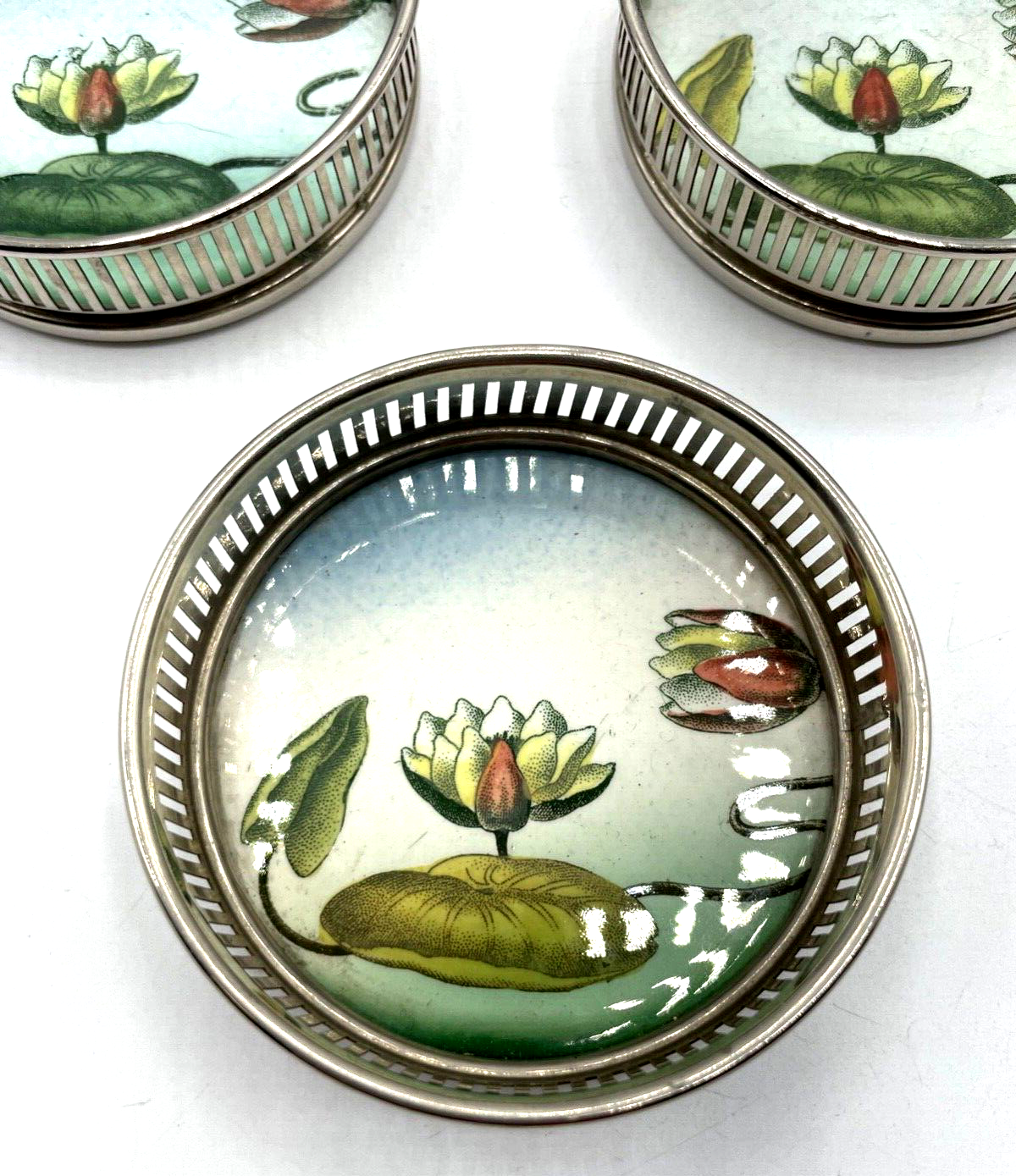 3 Jugendstil Glas Untersetzer Keramik Metallrahmen Wasserlilie Seerose Motiv3