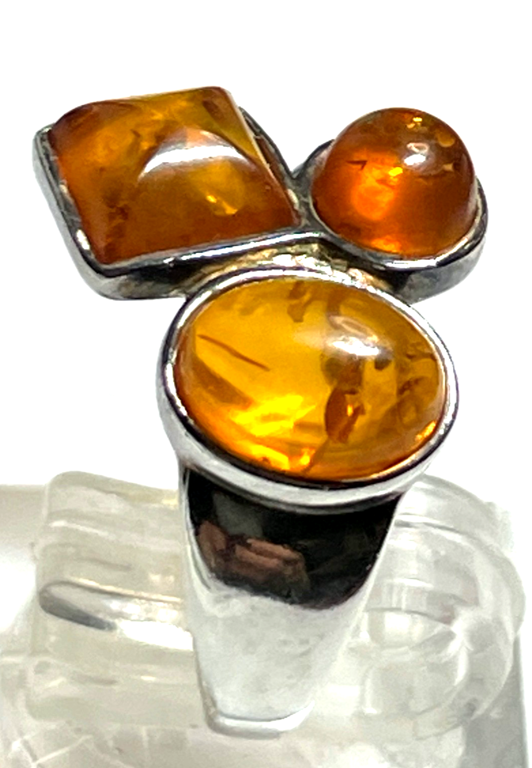 Aparter 925 Silber Ring 3 x Bernstein Cabochon RG 51 Ø 16,2 mm gepflegt0