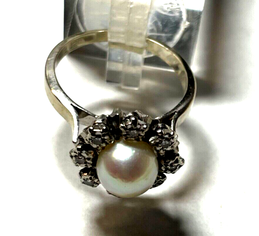 750 Gold 18 K Ring Weißgold Akoya Perle + 8 Brillanten klassisch Juwelier RG 545