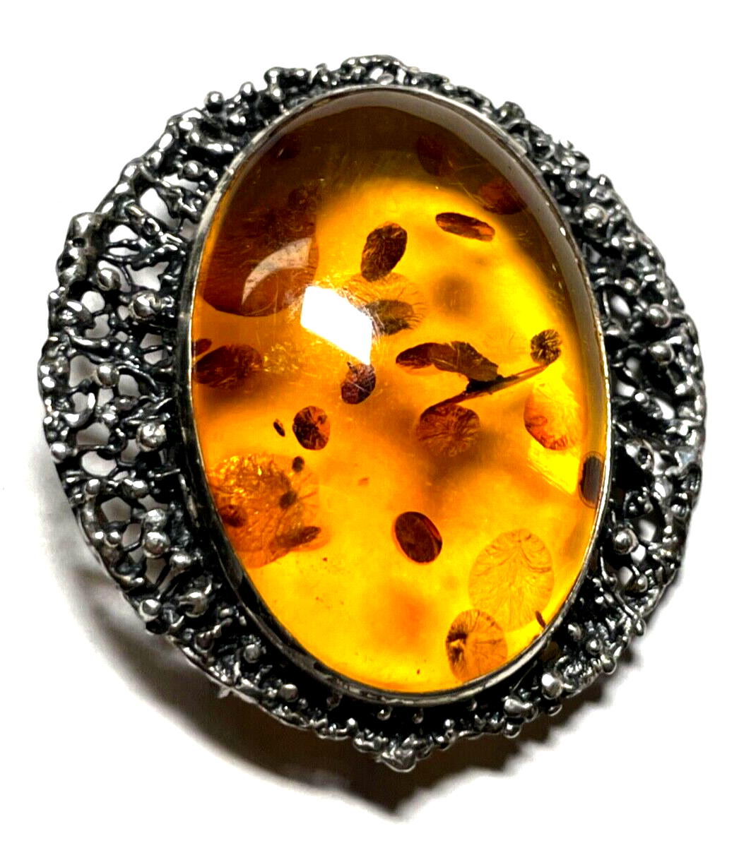 925 Silber Brosche Designer Anstecknadel / Anhänger Bernstein Cabochon Inklusen9