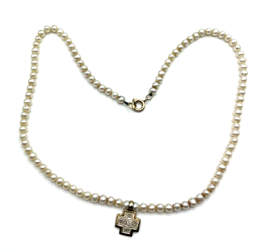 SWZ Perlenkette 333 Gold Schliesse + Kreuz Anhänger weiß Juwelier 46,5 cm3
