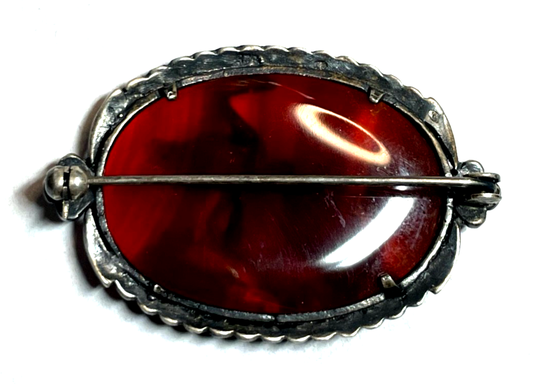 Antik Silber Brosche Anstecknadel Streifenachat Kraniche Markasiten Art Déco3