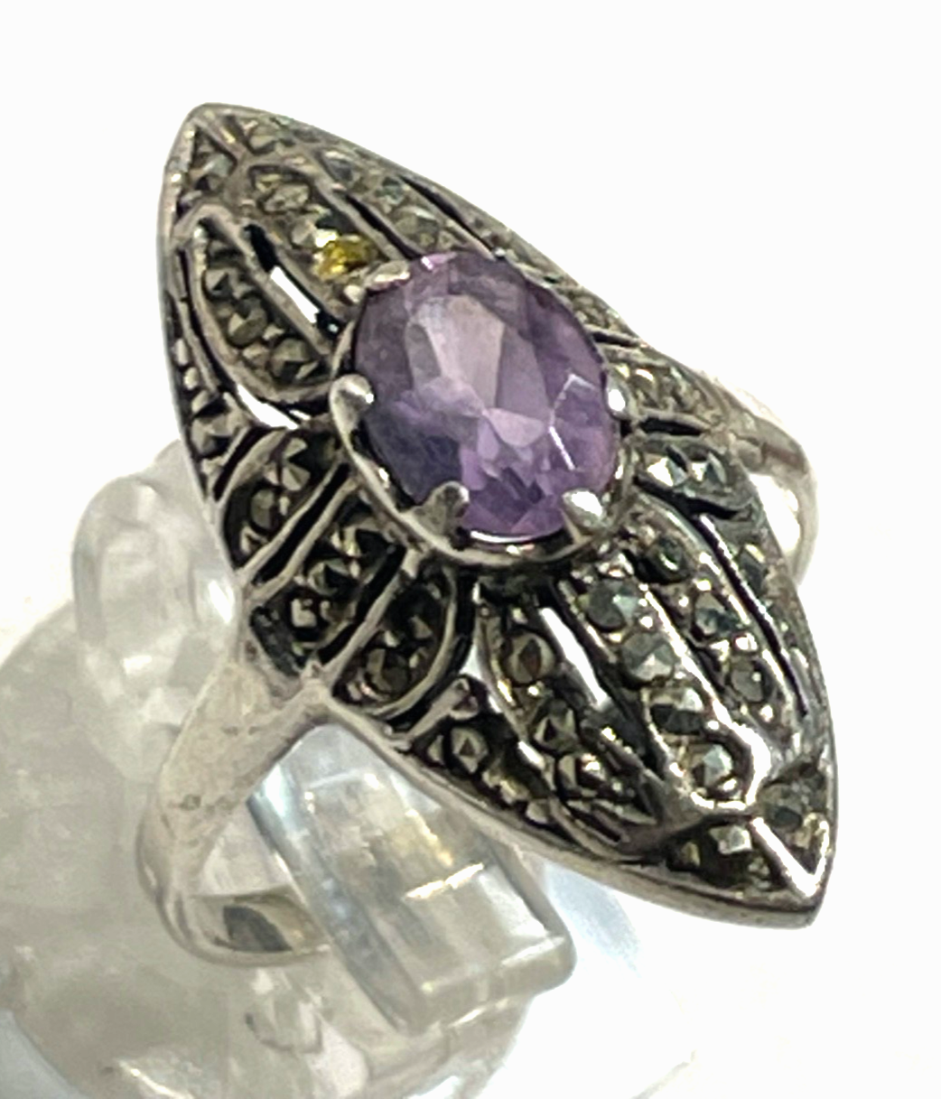 925 Silber Ring mit 1 Amethyst + Markasit antikstil  RG 53 Ø 17mm5