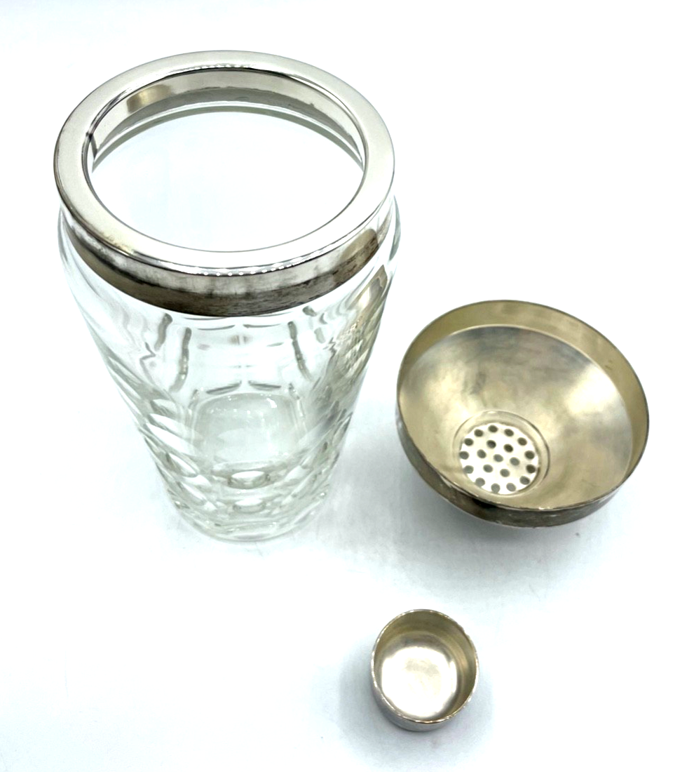 Vintage Cocktail Shaker Kristallglas versilberte Montur Rand Deckel Topzustand3