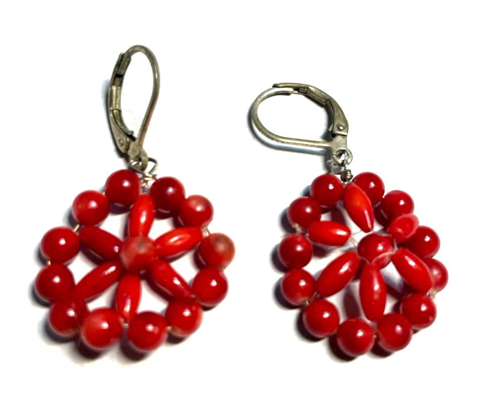 Vintage handgefertigte rote Koralle Ohrringe Ohrhänger gepflegt Ø 22 mm1