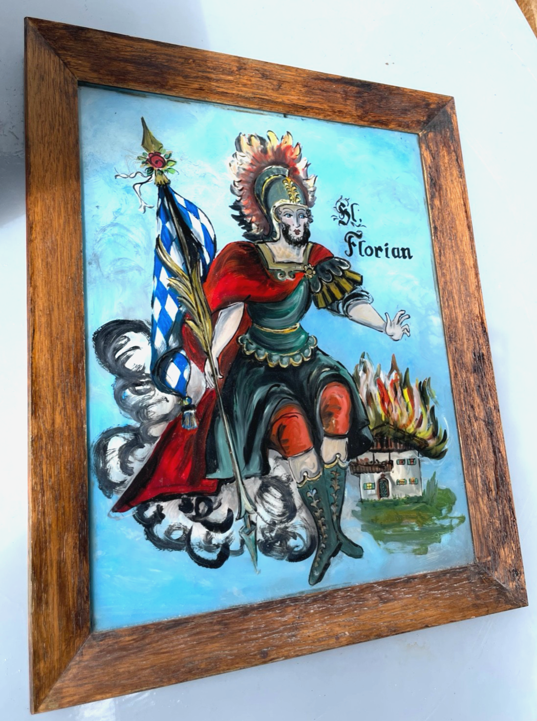 Große Hinterglasmalerei Hinterglasbild Schutzpatron Hl. Florian gerahmt H 36 cm8