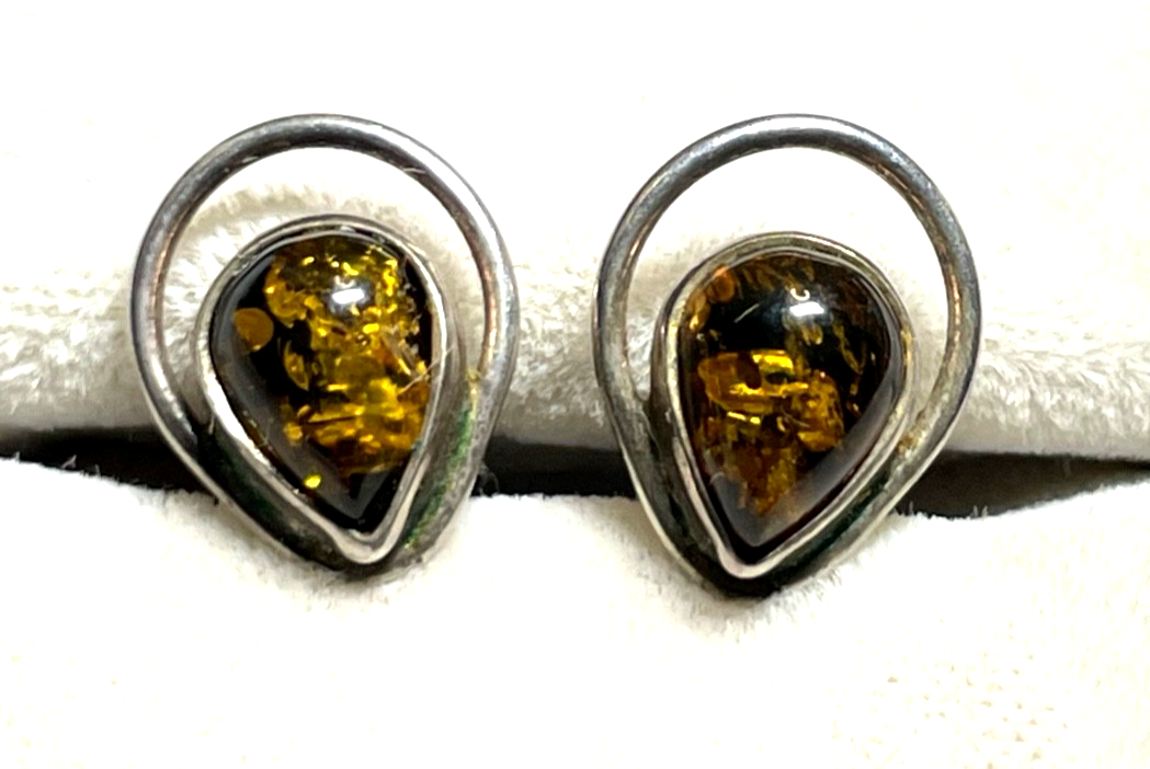 Massive 925 Silber Design Ohrstecker modern mit Bernstein sehr gepflegt Juwelier0