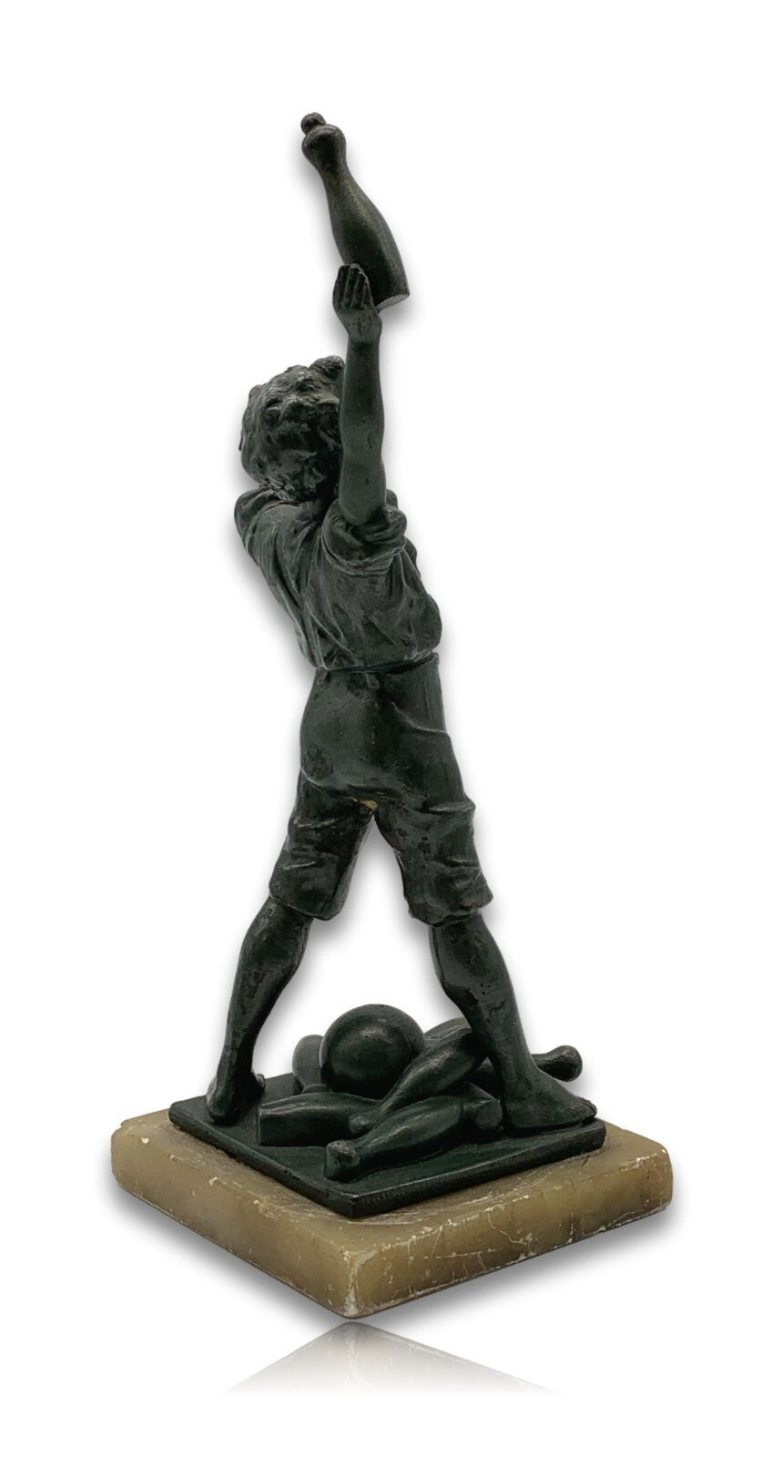 Zink Figur Skulptur patiniert- 'alle Neune' - Junge Bub mit Kegel - Marmorsockel3