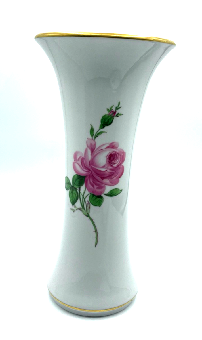Antik Meissen hohe Porzellan Vase rote Rose Wildrose H 25,5 cm Trichtervase0