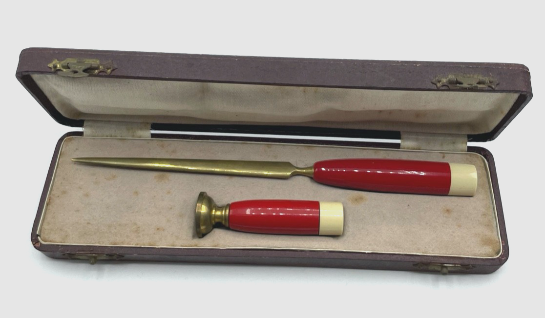 Antik bunt Bakelit Petschaft Brieföffner im orig. Etui um 1900 1910 ohne Gravur0