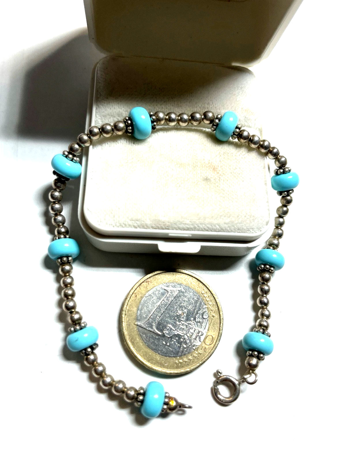 925 Sterling Armband + Türkis farbigen Perlen Silber Armkette gepflegt L 18,5 cm1