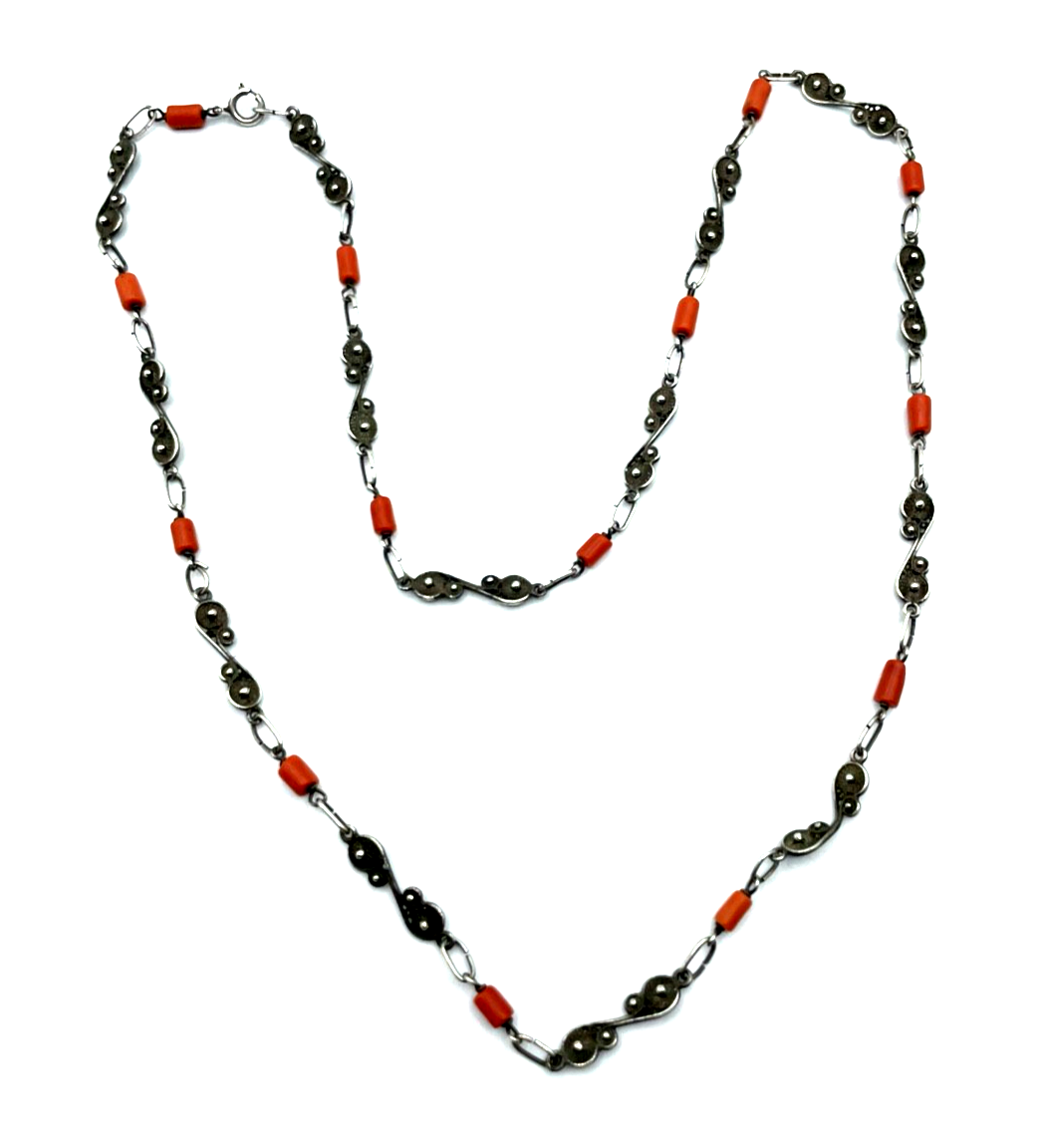 Traumhafte antik 835 Silber Kette mit Koralle 30er J Handarbeit L 68 cm B 6 mm5