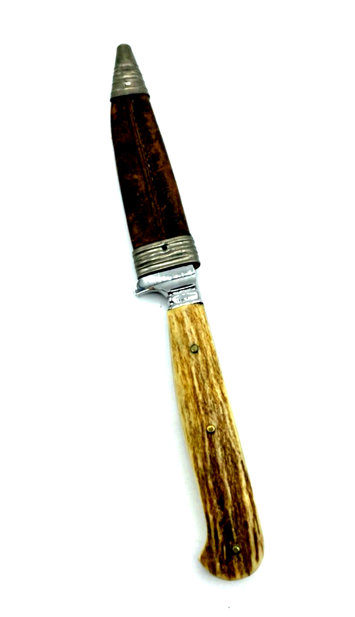 Antik Jagdmesser Taschenmesser mit Horngriff + Leder Scheide Hubertus Solingen0