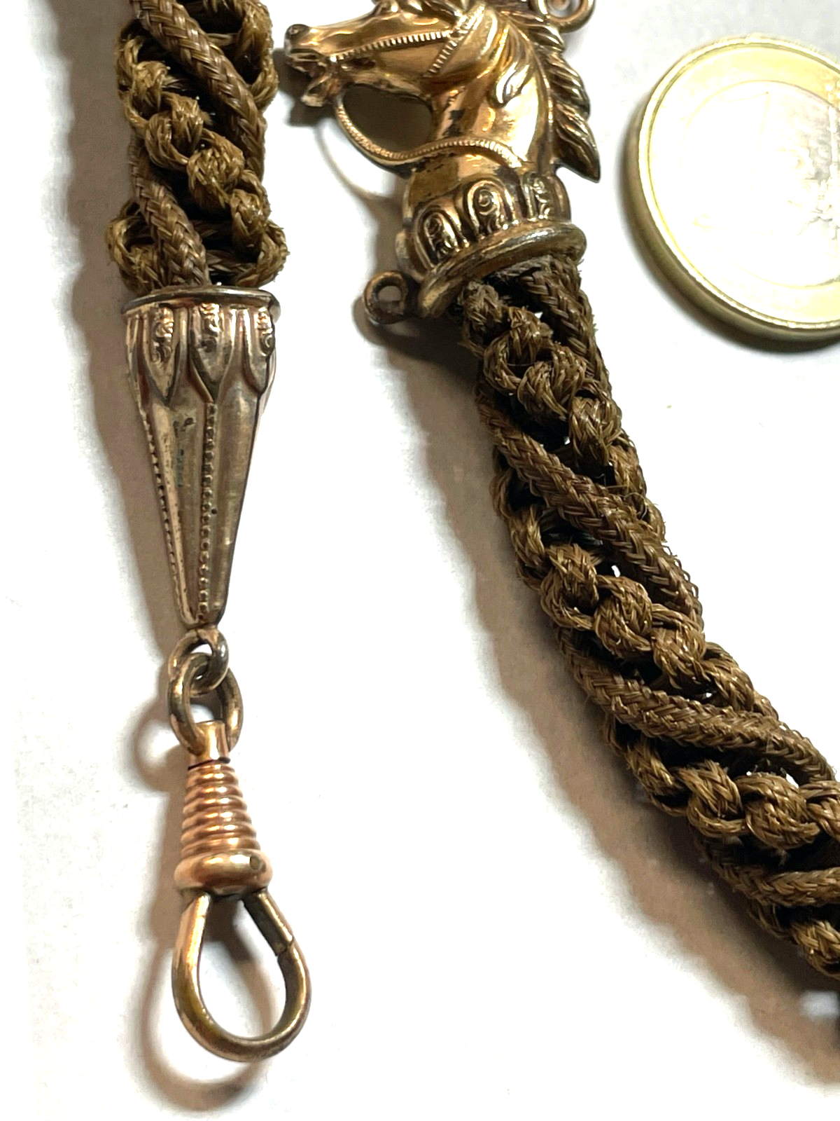 Antik Biedermeier Haarkette Uhrkette Taschenuhrkette Motiv Pferd Dubleegold gepf11