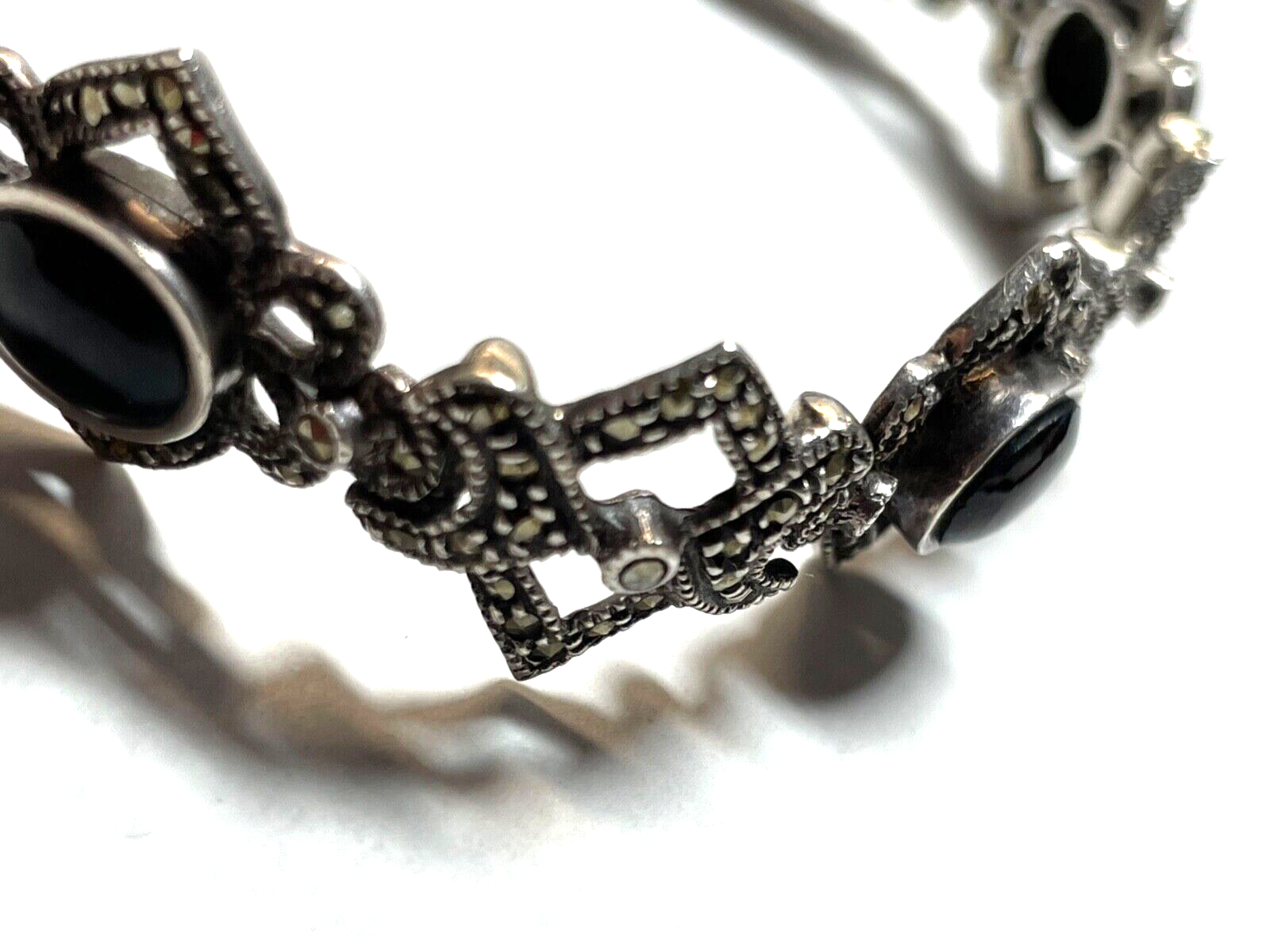 Traumhaftes solides 925 Silber Armband Handarbeit schwarzer Onyx + Markasit7