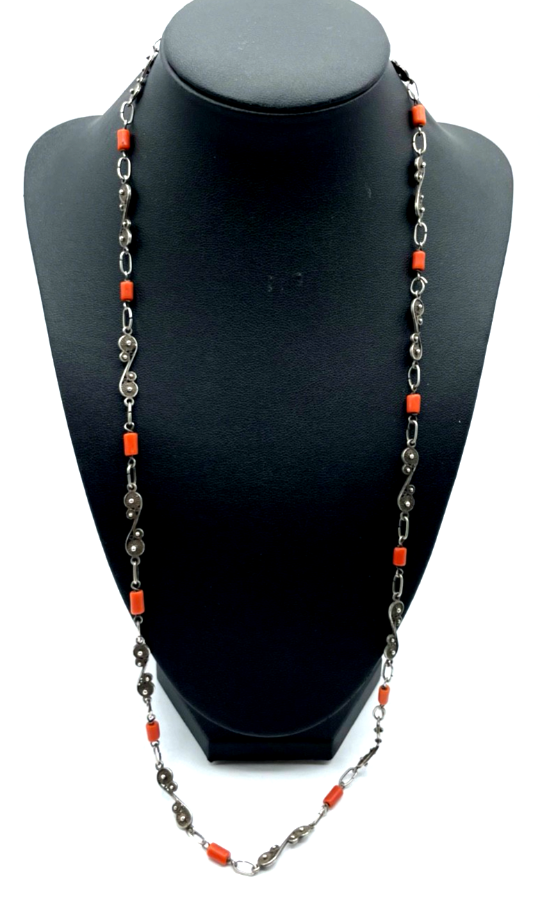 Traumhafte antik 835 Silber Kette mit Koralle 30er J Handarbeit L 68 cm B 6 mm0