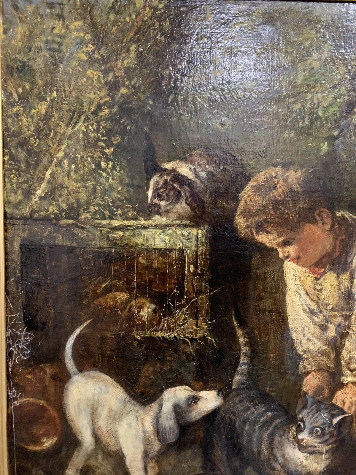 Jules Dhotretiz - Ölgemälde Leinwand um 1850  - Junger Knabe im Hasenstall 4