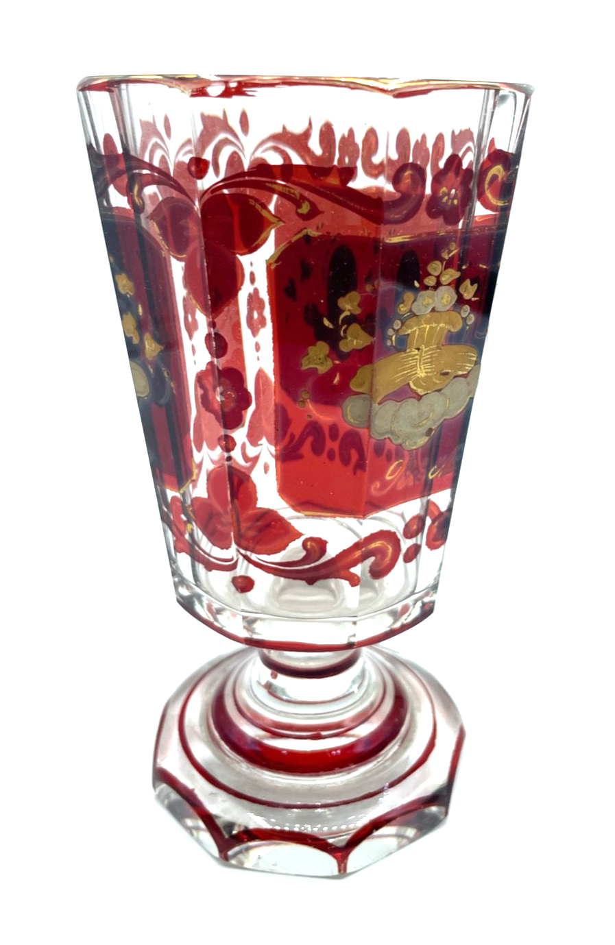 Biedermeier Pokal Überfang Glas Becher Ranftbecher handbemalt + Gold Dekor1
