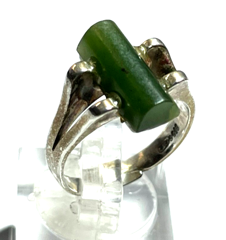 70erJ Design vintage 835 Silber Ring + grüne Jade offene Ringschiene Modernist0