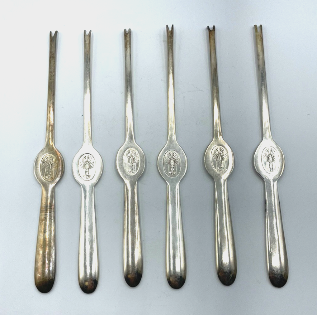 Vintage Hummergabel Krebsfleisch Set 6 Stück versilbert Silberauflage L 19,5 cm0