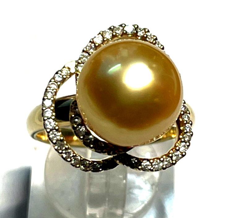 Elegant 585 Gold 14 K Ring Tahiti Perle Ø 12mm 40 Pavé Diamanten Ø 17,5mm RG 553