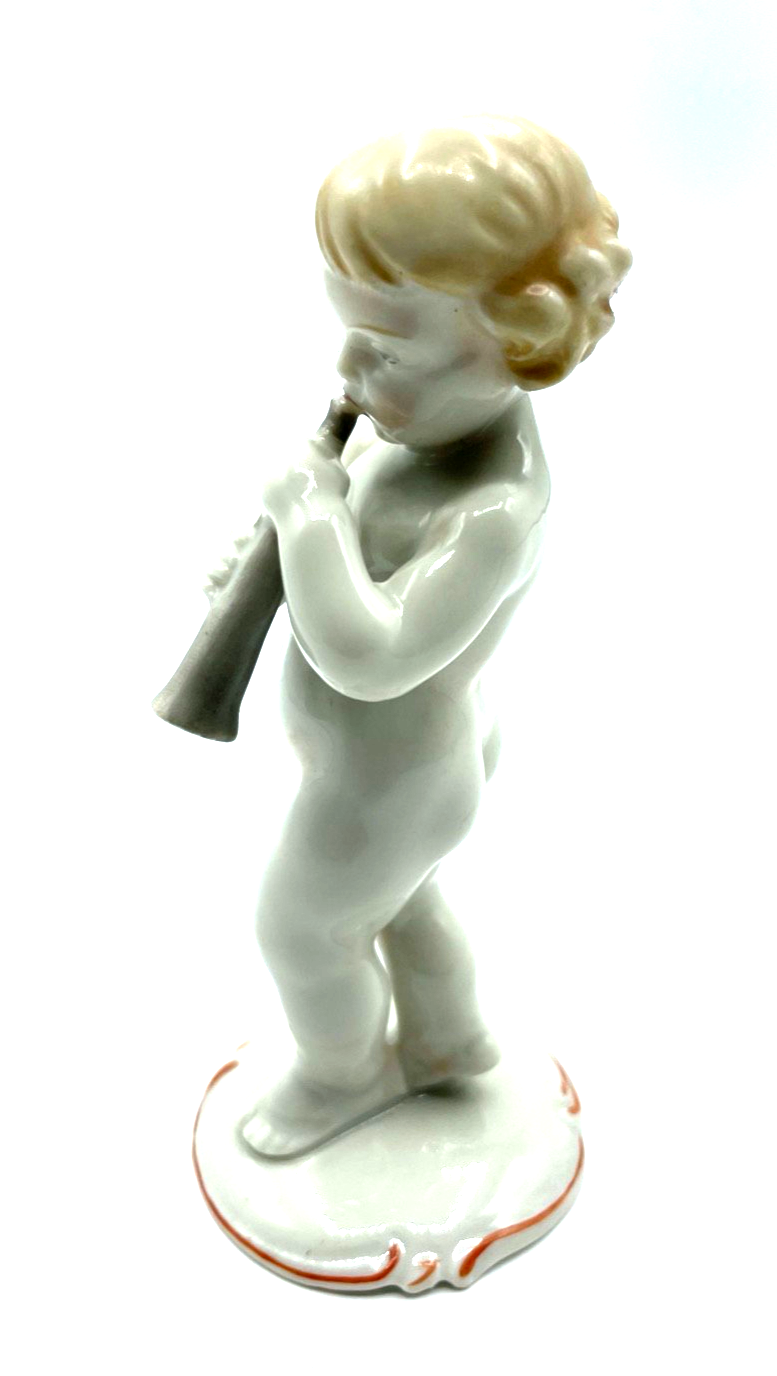 Antik Metzler & Ortloff Porzellan Figur Nackedei mit Flöte 20er J  Putte H 12 cm5