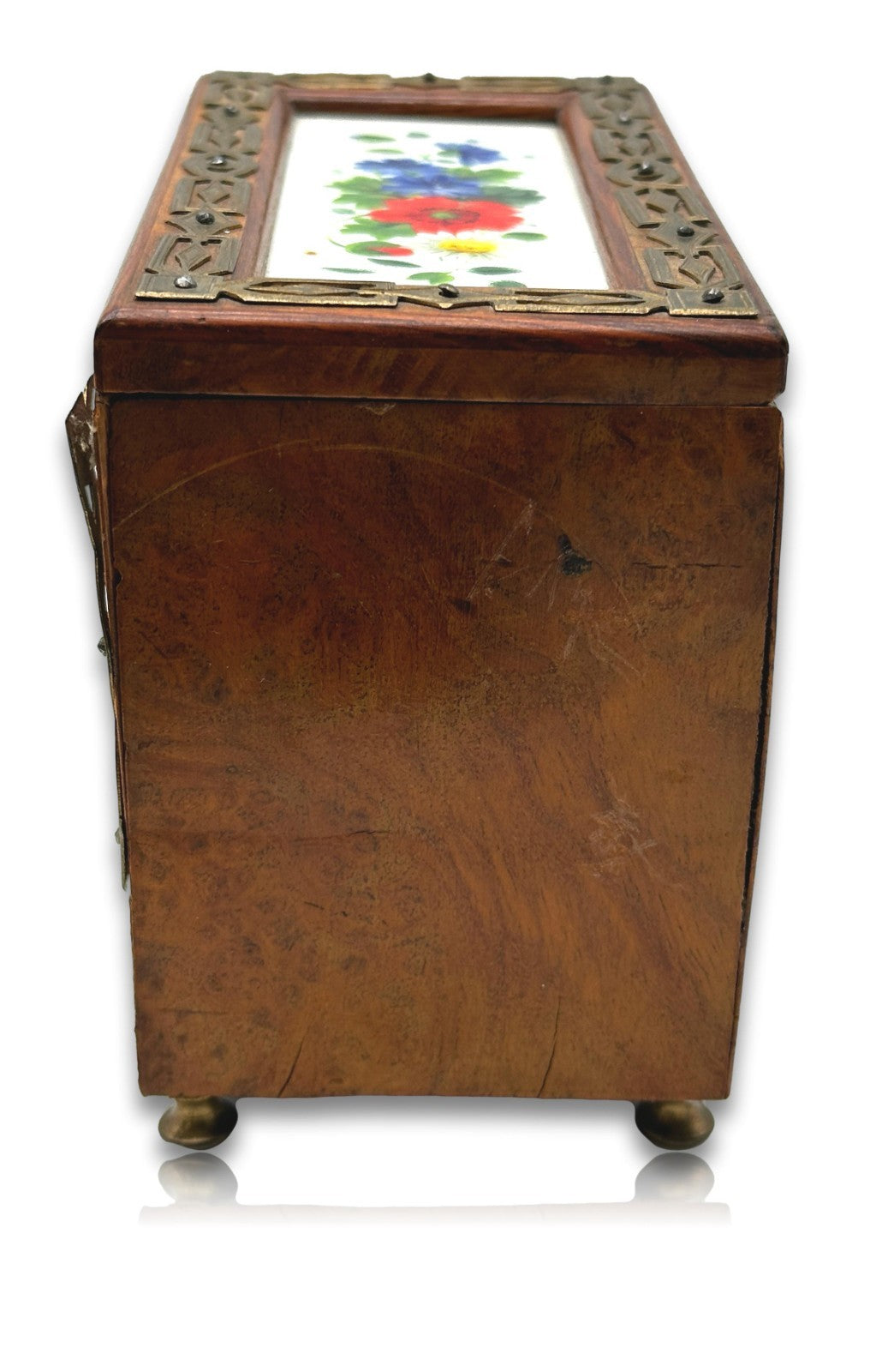 Jugendstil - Reisetantalus um 1900 Nussfurnier Messing Porzellan 3 Flakons antik4