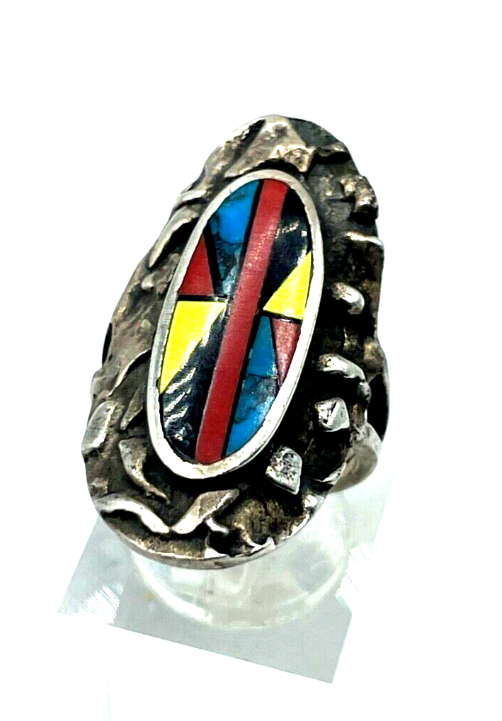 925 Sterling Silber Ring Zuni Indianerschmuck Edelstein Inlay Handarbeit Ø 16mm1