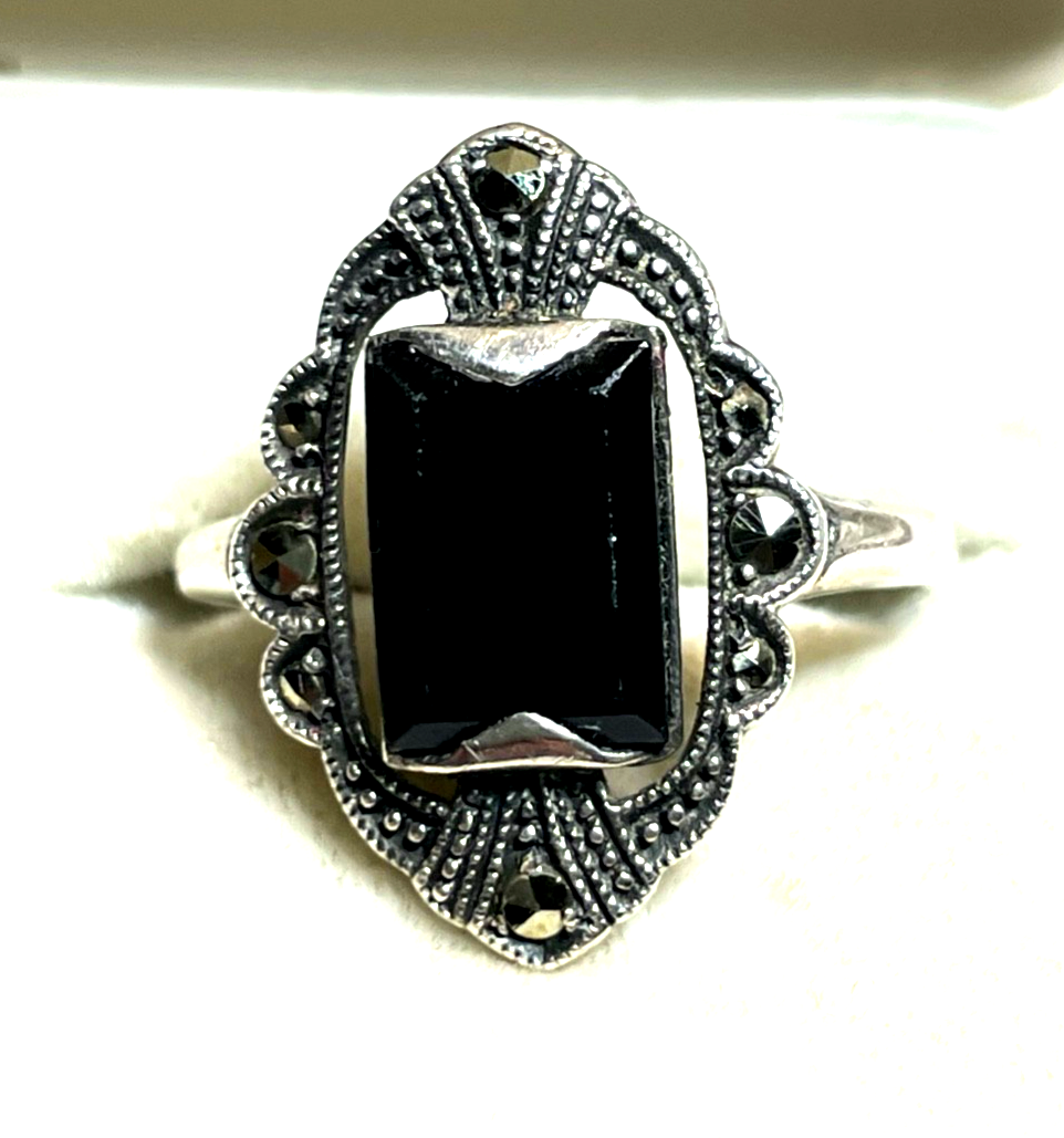 Solider vintage 925 Silber Ring Onyx Einlage + Markasiten Handarbeit Ø21mm RG 661
