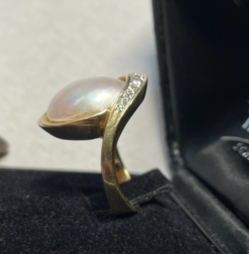 Eleganter 585 Gold 14 K Ring Tahiti Mabé Perle + 10 Diamanten Ø 17,5 mm RG 5511