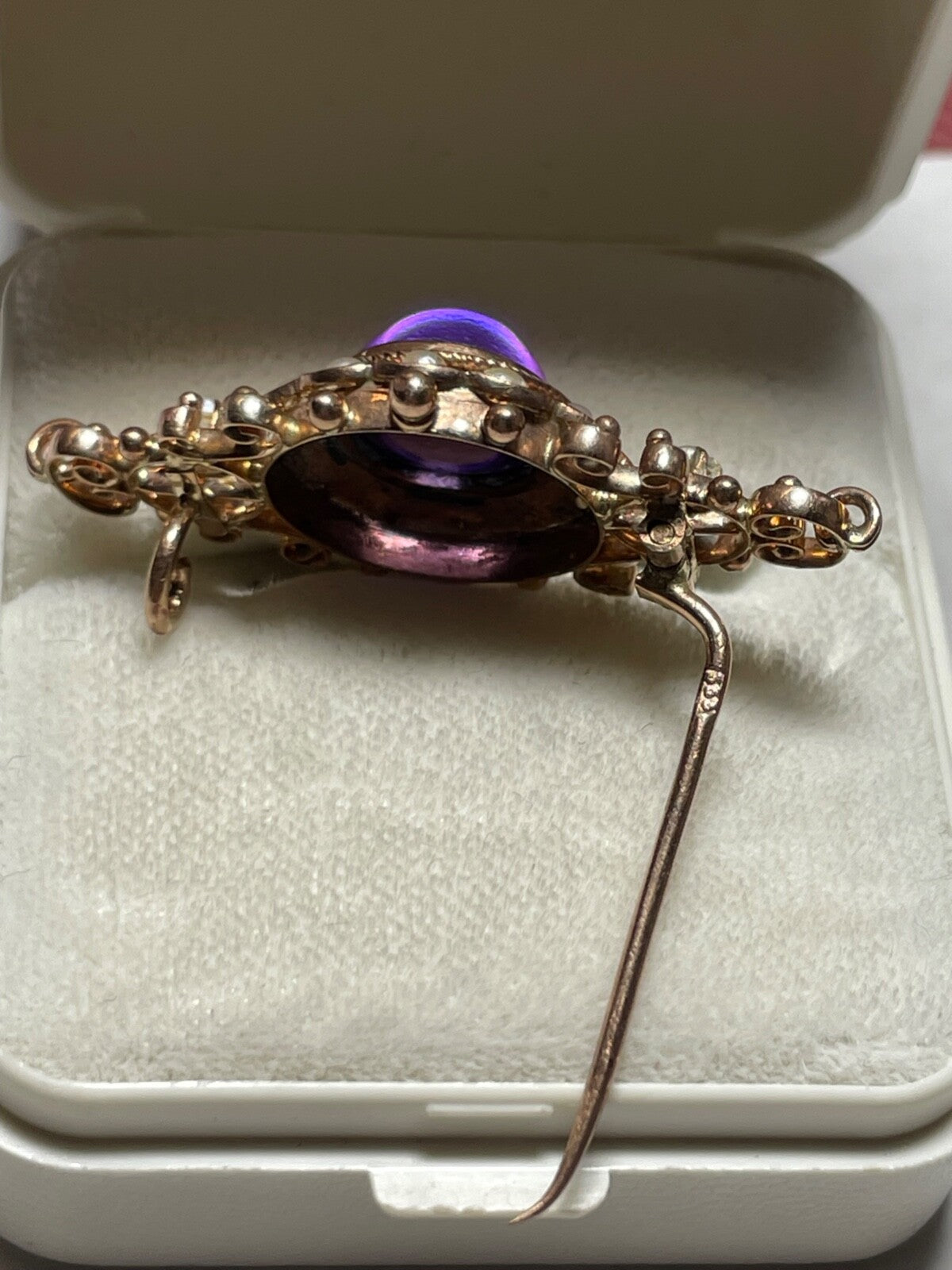 Antik 8 K Gold 333 Brosche Amethyst Cabochon Orientperlen Historismus Saatperlen6
