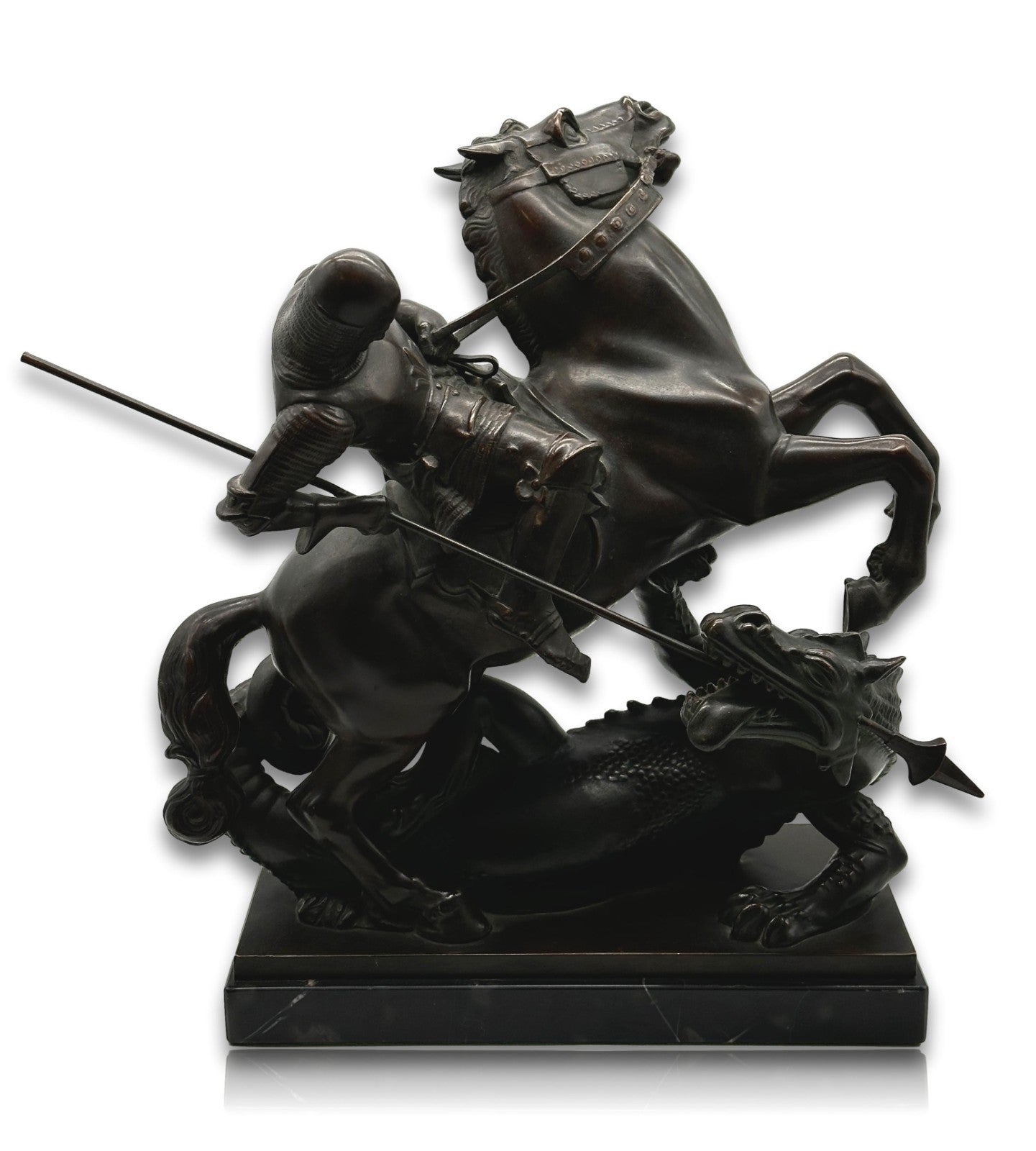 Große Bronze Skulptur - Hl. Georg tötet Drachen - um 1930 - auf Marmorsockel1