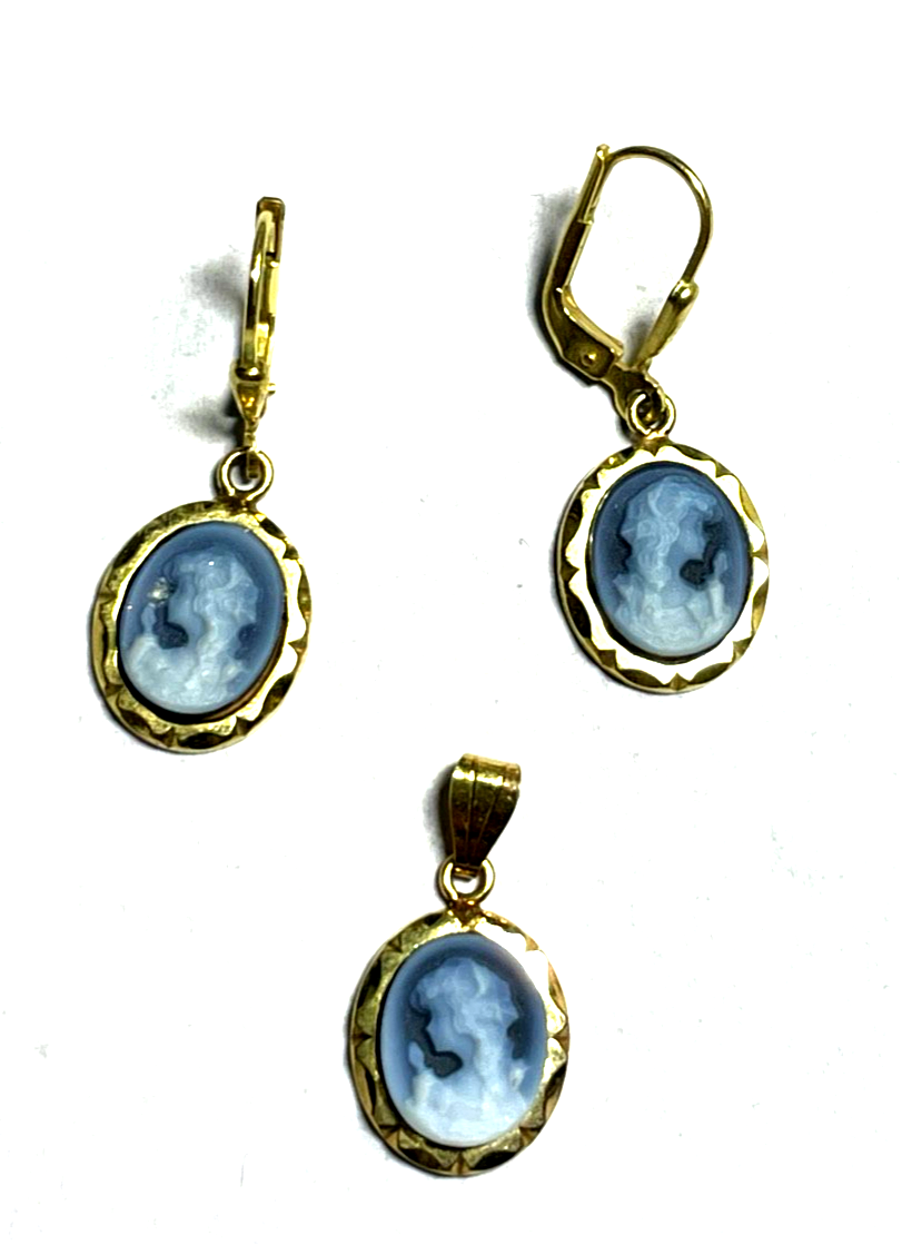 333 Gold Cameo blue Onyx Ohrringe und Anhänger Set Kamee5