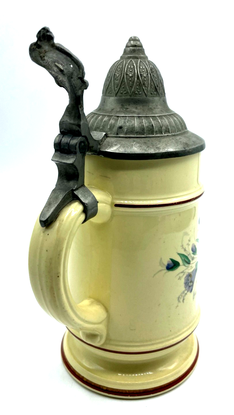 Antik Porzellan Bierkrug mit Zinn Deckel Bier Seidel um 1900 Gruß aus Haiterbach6