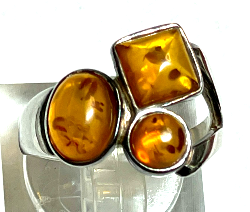 Aparter 925 Silber Ring 3 x Bernstein Cabochon RG 51 Ø 16,2 mm gepflegt1
