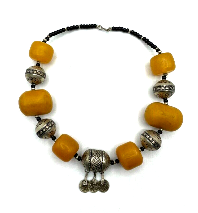 Attraktive Mega vintage Ethno Style Halskette Amber Look handgefertigt Unikat 647