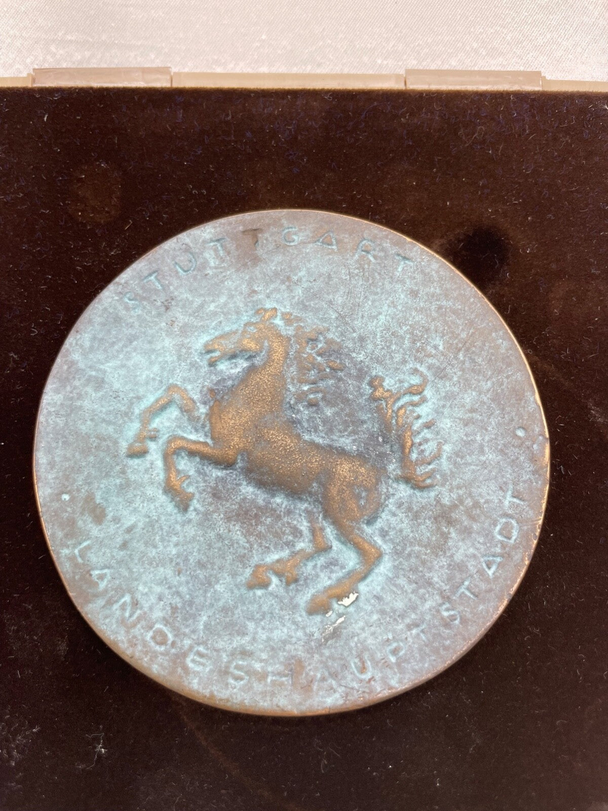 Alte Bronze Plakette Verdienste im Sport 1987 Stuttgart Pferd Ø 9cm Etui 415 Gr.2