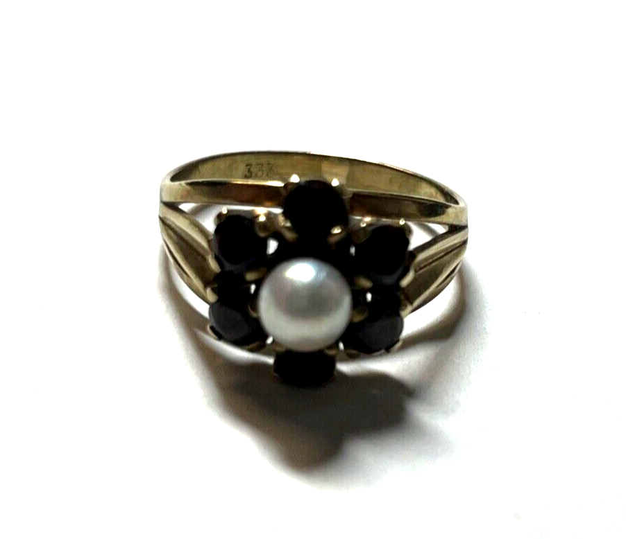 Vintage 333 Gold 8 K Ring 6 Granat + 1 Perle Ø 16 mm RG 50 Klassiker gepflegt6