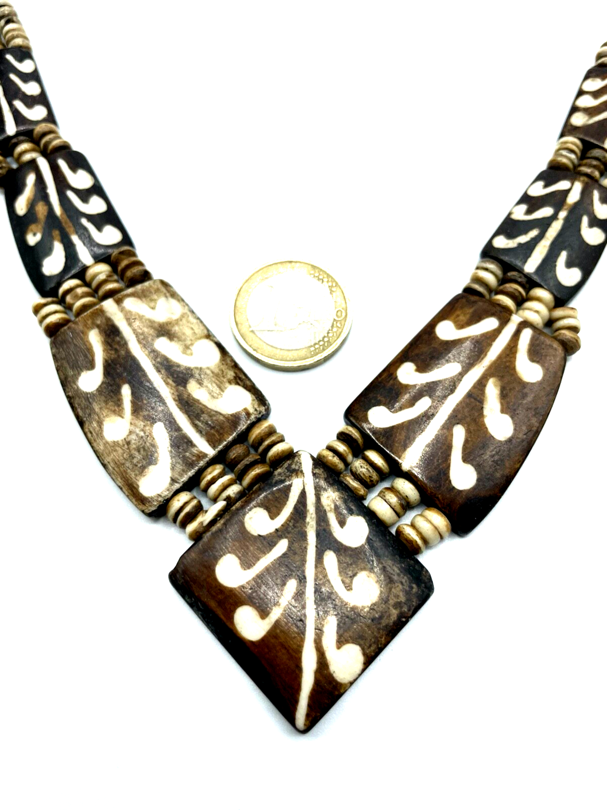 Vintage attraktive Ethno Horn Kette Collier Handarbeit sehr gepflegt L 55 cm3