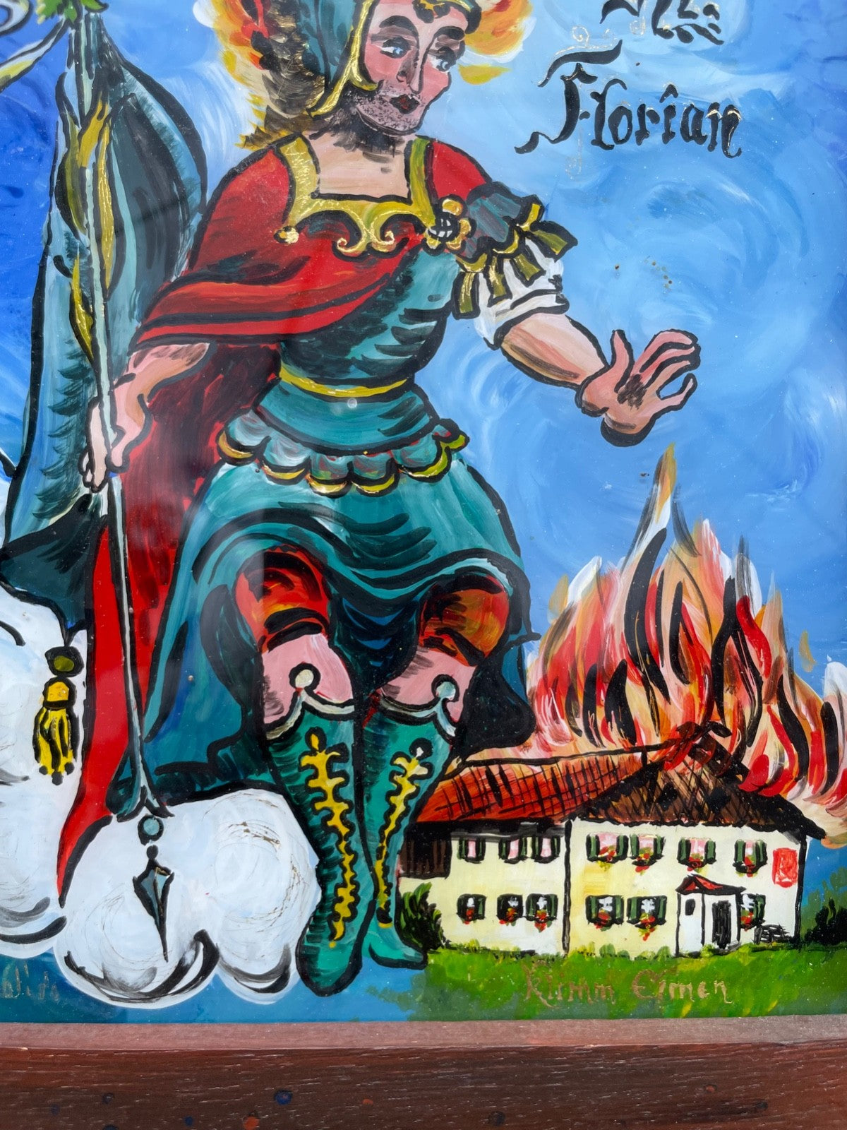 Große Hinterglasmalerei Hinterglasbild Schutzpatron Hl. Florian gerahmt signiert3