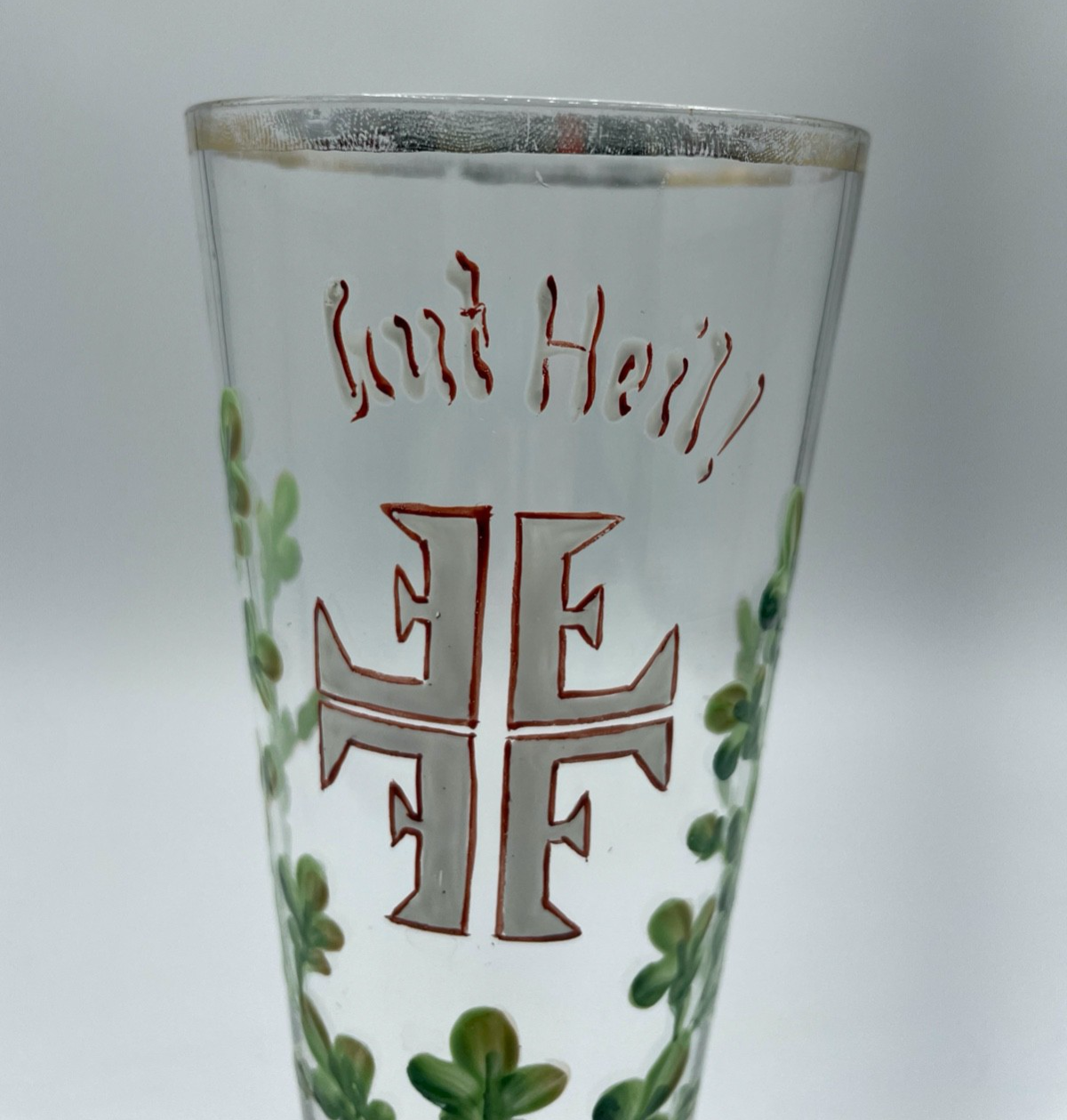 Antik Glas handbemalt Jugendstil Andenkenglas Gut Heil! Turner Bewegung um 19001