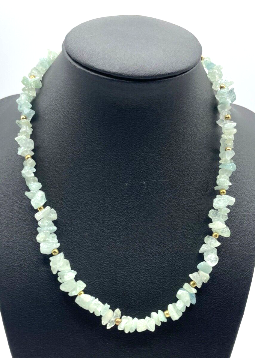 Vintage Aquamarin Edelstein Kette Collier Splitterkette Handarbeit L 44 cm gepfl0