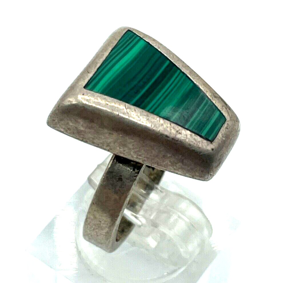 Vintage solider 835 Silber Ring Malachit massiv Ø16mm RG51 Handarbeit midcentury0