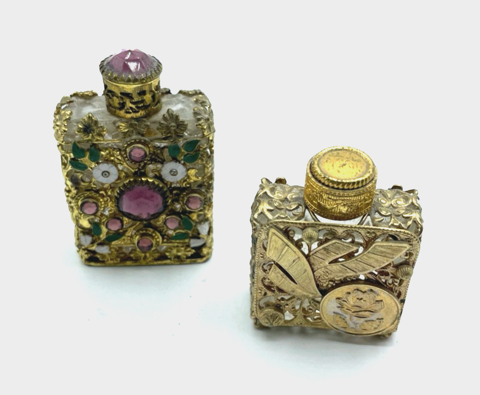 2 x vintage und hübsch dekorierte Parfum Flakon vergoldet  Fläschchen Handarbeit2