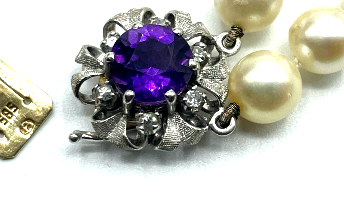 Bicolor 585 Gold Brillanten + Amethyst an 2 reihiger Akoya Perlenkette Ø 7 mm3