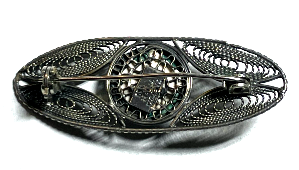 Vintage filigrane 930 Silber Brosche mit rundem Eilat Cabochon Handarbeit4
