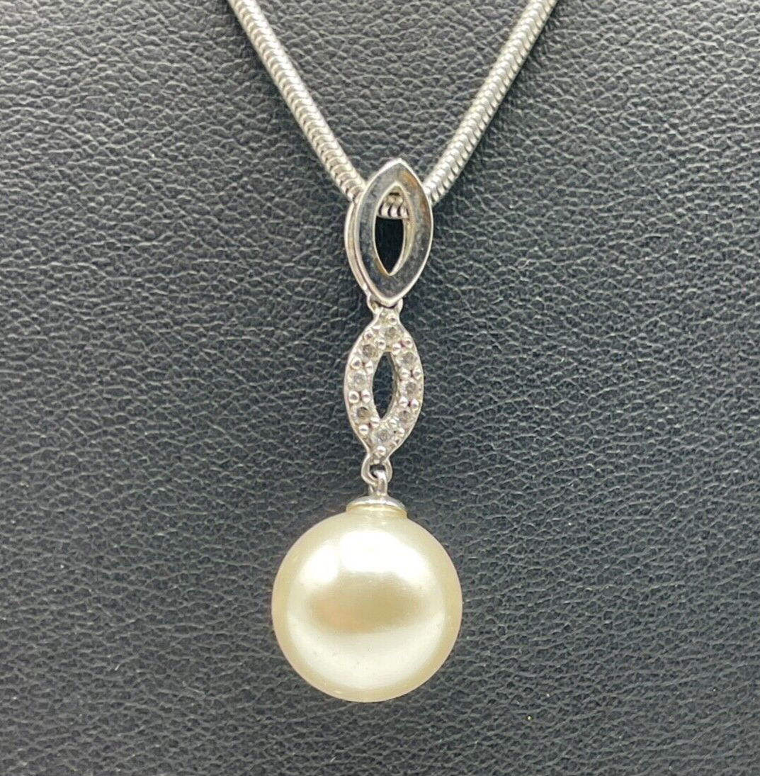 Solide FBM 925 Silber Schlangenkette + MK Perle Zirkonia Pave Anhänger gepflegt2